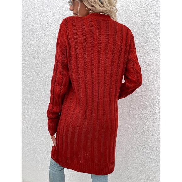 Disi Womens Red Cardigan Long Sleeves Cable Knit Open Front Loose Sweaters - Picture 4 of 5